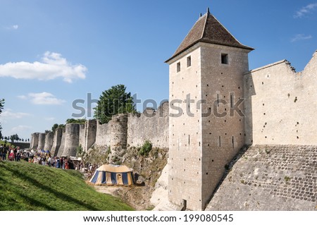 Medieval city wall in Provins, during the Medieval festival , France