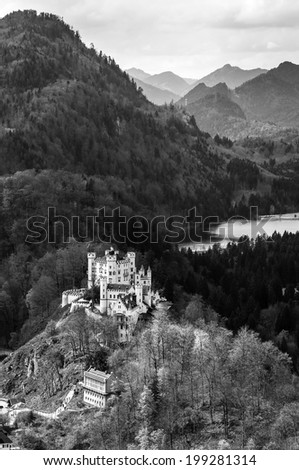 Black and White Landscape: Hohenschwangau castle in the Bavarian Alps - Tirol, Germany