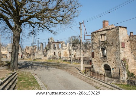 The ruined street of Oradour sur Glane. In this village, 642 of its inhabitants were massacred by a German Waffen - SS company in the second world war.