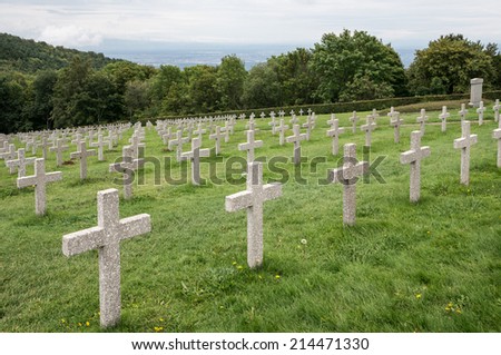Military graveyard of heroes of the First World War - France, Alsace, Vosges. Rows of tombstones.