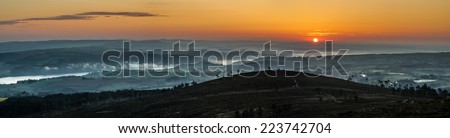 Panoramic Landscape?Sunrise over the hills, seen from the top of Menez Hom, the summit of Brittany, France