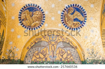 OTTROTT, FRANCE - March 3, 2015: Gothic mosaic depicts Bible stories in the Monastery of Mont Sainte Odile, Alsace, France