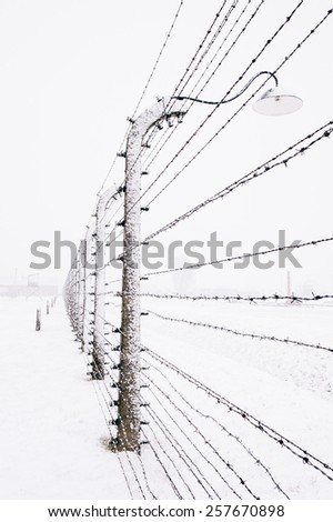 Snow covered Barbed Wire Fence in winter in the concentration camp of Auschwitz Birkenau, Poland