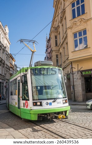 PLZEN, CZECH - FEBRUARY 6, 2015: A tramway passes by the historic buildings in the city center.
