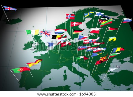 stock photo : Flags of European countries flying from their capital cities.