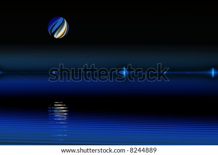Marble-like moon rises above lake with glowing shoreline (fractal generated)