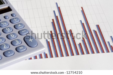 Blue calculator on the left of a red and blue bar chart on a white background