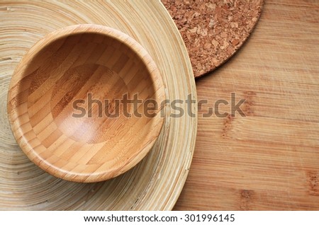 wooden kitchenware utensils bowl plate wood cutting board background natural, space