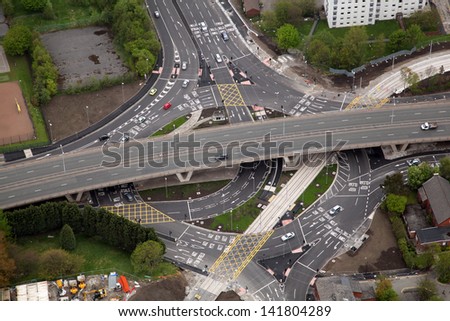 aerial view of a complicated road junction with many road markings