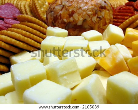 Closeup of a cheese tray with saltine crackers and hard salami... The picture is making emphasis on the monterey jack cheese.