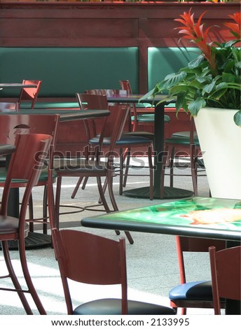 shot of tables and chairs at a food court in the shopping mall.