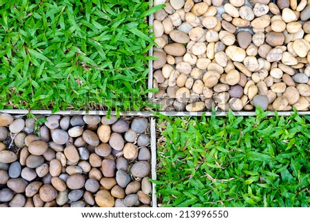 top view of green grass and stone background and texture - half and half