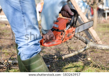 Lumberjack working with chainsaw, cutting wood. Selective focus