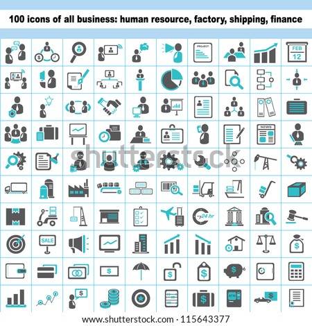 100 Business Icons, Human Resource, Finance, Logistic Icon Set