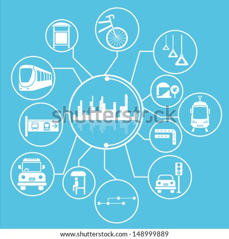 metropolis and public transportation concept mind mapping, info graphic, blue