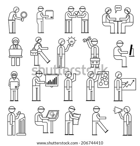 working people in office situations, business people icons, line theme