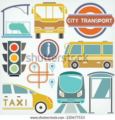 public transport, city transportation set, urban city and traffic concept