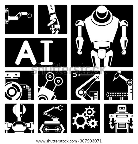 Artificial intelligence (AI), vector set of robot icons