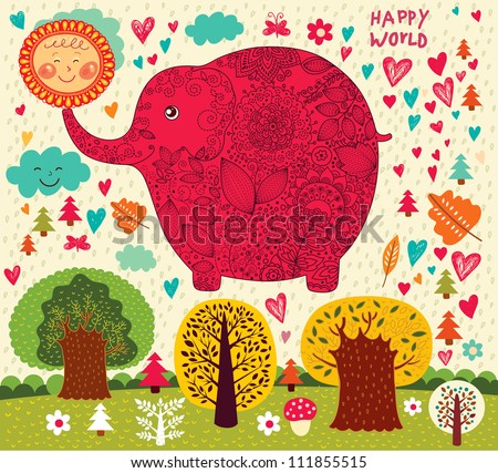Cartoon illustration with funny elephant sun and trees Cartoon illustration with funny elephant sun and trees