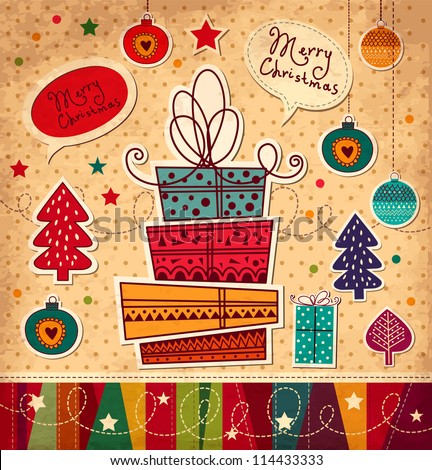 Christmas Card on Vintage Christmas Card With Gift Boxes Stock Vector 114433333