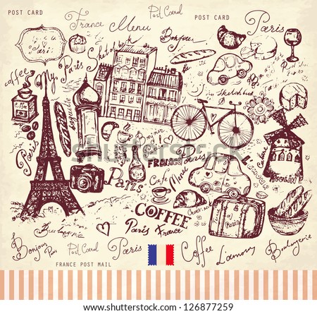Vector hand drawn illustration with Paris symbols Vector hand drawn illustration with Paris symbols