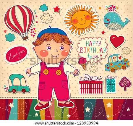 Custom Birthday Cards on Shutterstock Comstock Vector   Happy Birthday Card  Boy With Toys