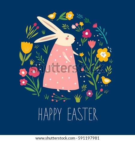 Happy easter card. Vector elegant childish pattern with cute bunny and flowers. Holiday easter illustration in cartoon style. Stylish holiday background.