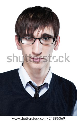 stock photo : Cute young guy with fashion haircut wearing glasses, on white