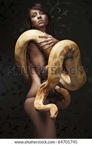Beautiful Woman Holding Python Stock Photo 64701745 : S