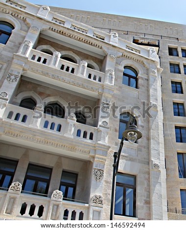 Restored Hotel Waldorf Astoria. Jerusalem . During the restoration architects retained its original facade with majestic arches, columns and ornate complex drawings.