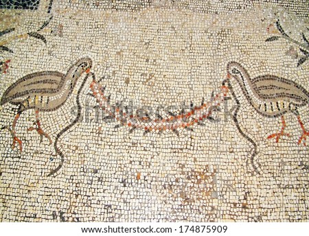 Ancient mosaic. Church of the Multiplication of the Loaves and the Fishes, Tabgha, Israel