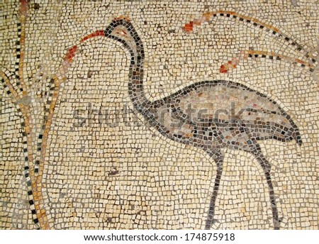 Ancient mosaic. Church of the Multiplication of the Loaves and the Fishes, Tabgha, Israel