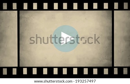 blank negative film strip on white background and sign PLAY