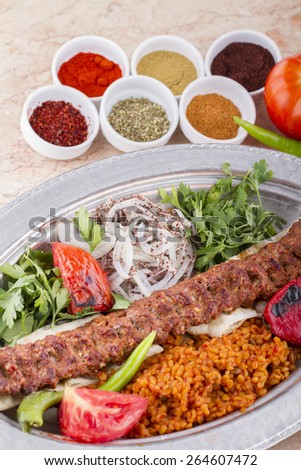 Turkish, Arabian and Greek Traditional Special  cultural Food Kebab Adana, Urfa, Beyti, Abbaganus, Sogurme