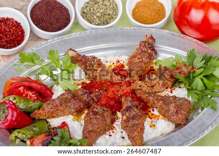 Turkish, Arabian and Greek Traditional Special  cultural Food Kebab Adana, Urfa, Beyti, Abbaganus, Sogurme