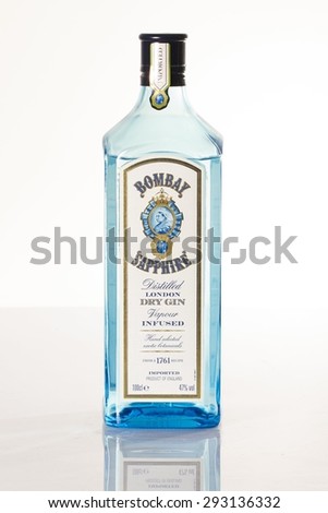 IZMIR, TURKEY - JULY 01, 2015: Bottle of Bombay Sapphire Gin on A White Background
