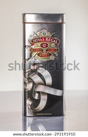 IZMIR, TURKEY - JULY 01, 2015: Photo of a bottle of Chivas Regal Blended Scotch Whisky aged twelve years. Chivas Regal is a premium Blended Scotch Whisky produced by Chivas Brothers since 1801.