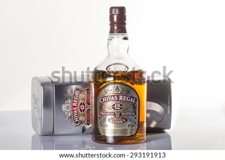 IZMIR, TURKEY - JULY 01, 2015: Photo of a bottle of Chivas Regal Blended Scotch Whisky aged twelve years. Chivas Regal is a premium Blended Scotch Whisky produced by Chivas Brothers since 1801.