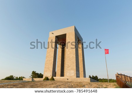 Canakkale Martyrs\' Memorial against to Dardanelles Strait. Turkish soldiers who participated at the Battle of Gallipoli, which took place from April 1915 to December 1915 during the First World War.