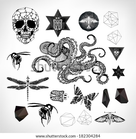 Abstract gothic sacral illustration with polygon crystal design element symbol sign for tattoo Abstract gothic sacral illustration with polygon crystal design element symbol sign for tattoo