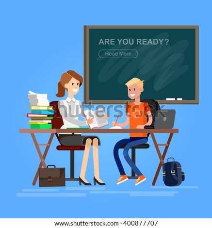 Woman teacher tutor tutoring boy kid at home. Mother helping son with homework. Flat style vector illustration isolated on white background.