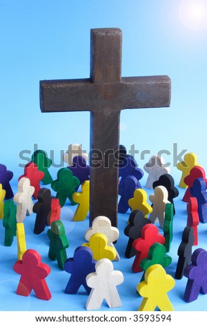 People around the cross showing  a worldwide religious feeling
