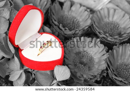 Valentine present ring in a desaturated flower background