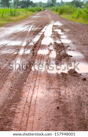 Tire tracks. Wet road bad quality.