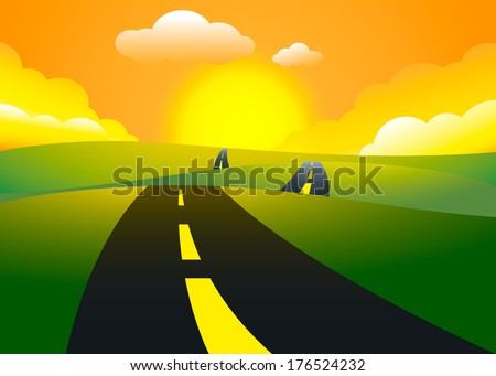 Road on the hills sunset landscape, vector illustration
