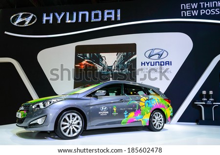 BANGKOK - MARCH 27 : Hyundai i40 Brazil Edition Skin on display at The 35th Bangkok International Motor Show - [Beauty in the Drive] on March 27, 2014 in Bangkok, Thailand.