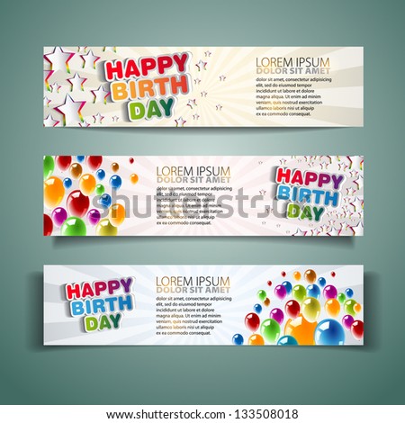 Happy Birthday Holiday banners with colorful balloons and stars - Vector illustration