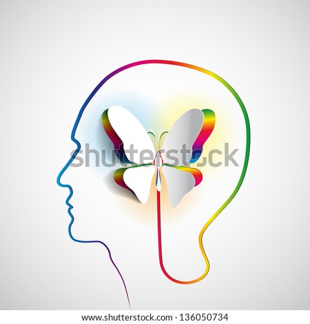 Human head with paper butterfly symbol Freedom and creativity design concepts Human head with paper butterfly symbol Freedom and creativity design concepts