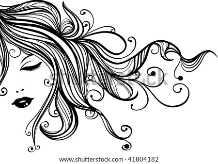 Logo Design Hand on Hand Drawn Fashion Female Portrait  Woman With Long Flowing Hair Stock