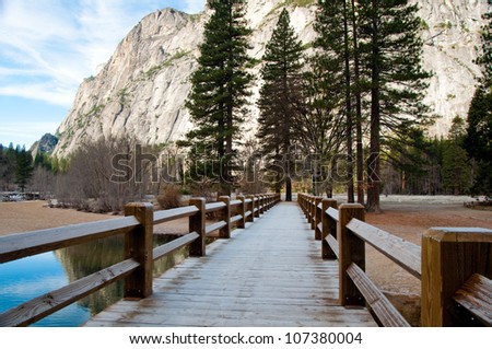 A bridge path lined by trees in Yosemite